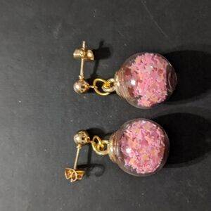 Gold Tone Pink Star Filled Balls Dangle Statement Earrings